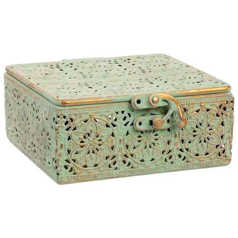 Caja de metal verde 12.5x12.5x6h cm - Decoración