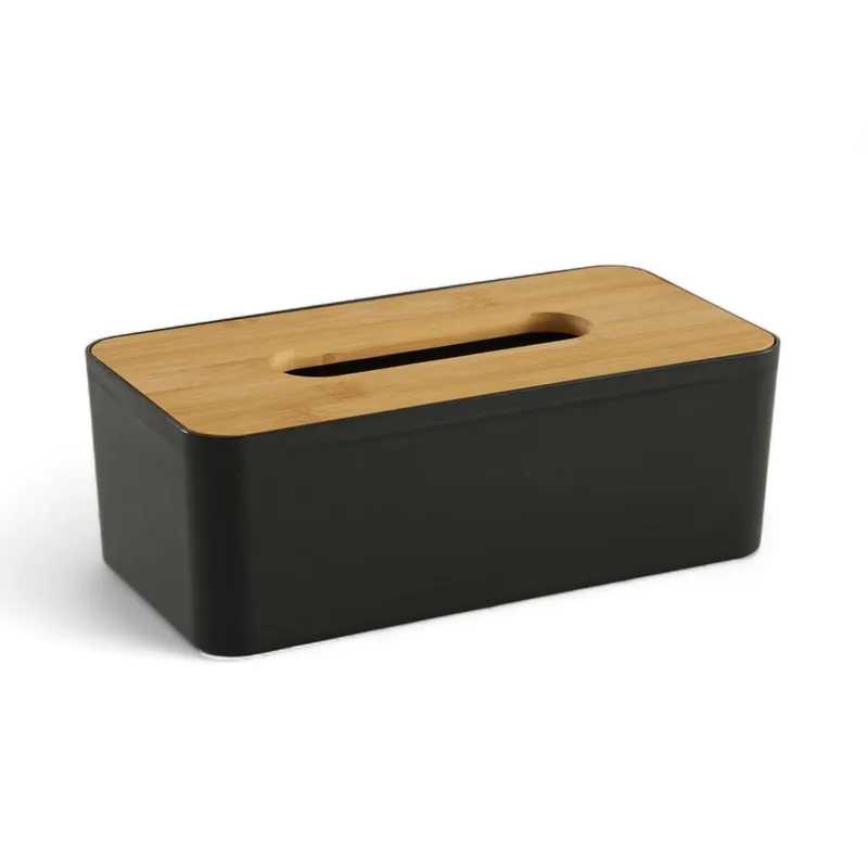 Caja PAÑUELOS de plástico con tapa de bambú negro 9x13x25cm - Baño