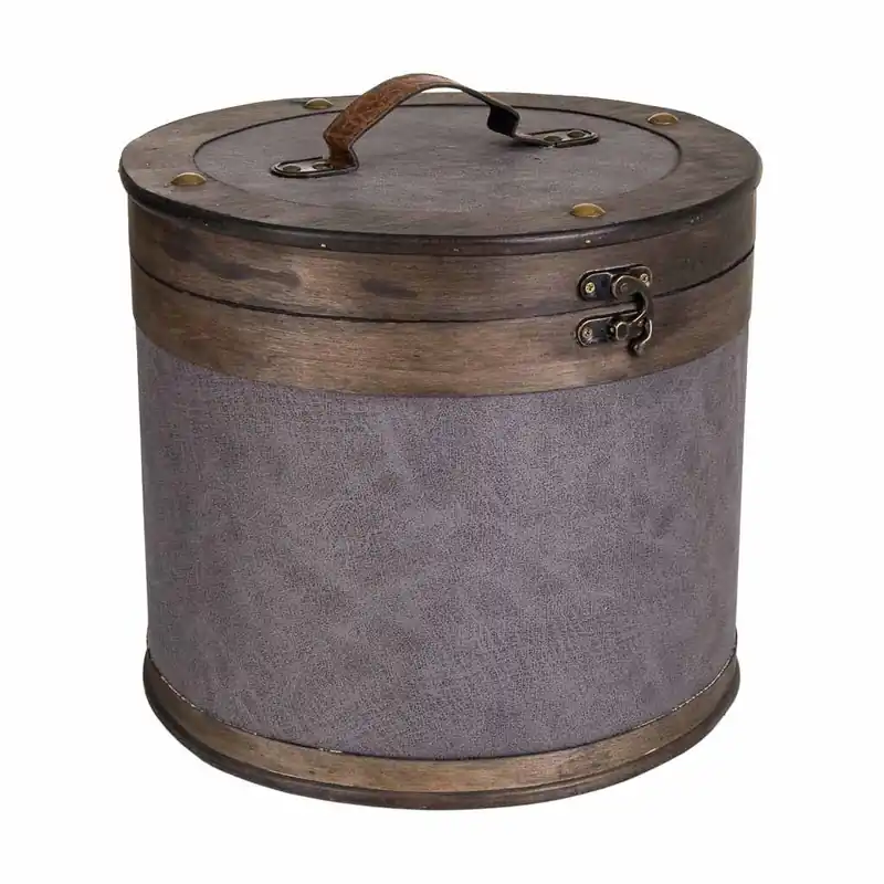Caja redonda de madera forrada gris 30x30x27 - Decoración