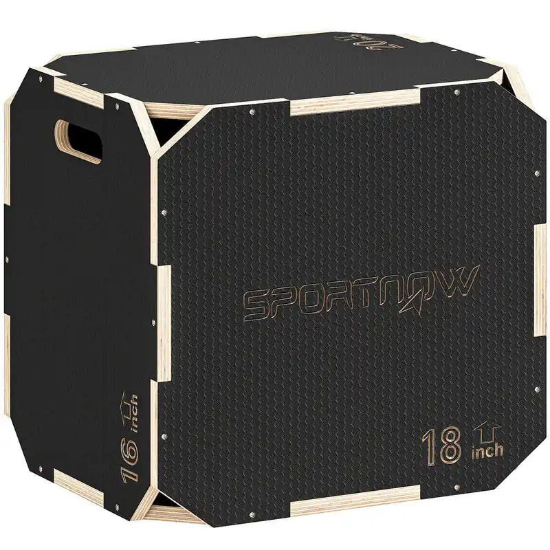 SPORTNOW Cajón Pliométrico de Madera 3 en 1, Plataforma de Caja Pliométrica con 3 Alturas Ajustables 51/48/41 cm, Asas, sin Esquinas, Entrenamiento de Salto, Fuerza, para Casa, Gimnasio y Exterior - Deporte