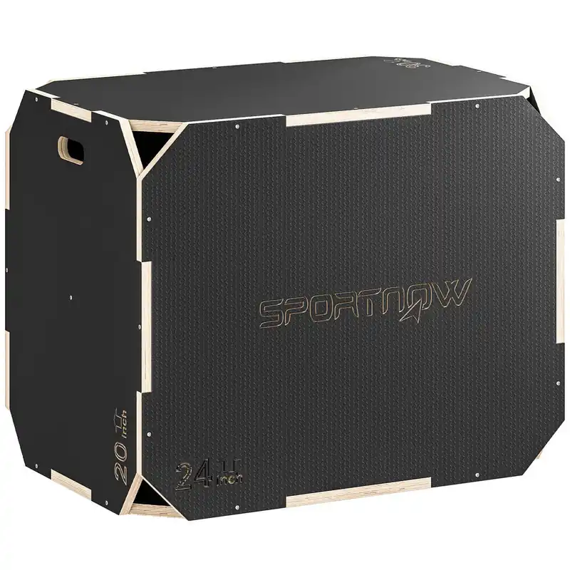 SPORTNOW Cajón Pliométrico de Madera 3 en 1, Plataforma de Caja Pliométrica con 3 Alturas Ajustables 76/61/51 cm, Asas, sin Esquinas, Entrenamiento de Salto, Fuerza, para Casa, Gimnasio y Exterior - Deporte