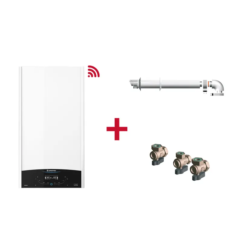 Caldera de condensación, Ariston, Genus One Plus Wifi 35 + Kit de tres grifos + Kit salida de humos, Clase Energetica A - Electrodomésticos
