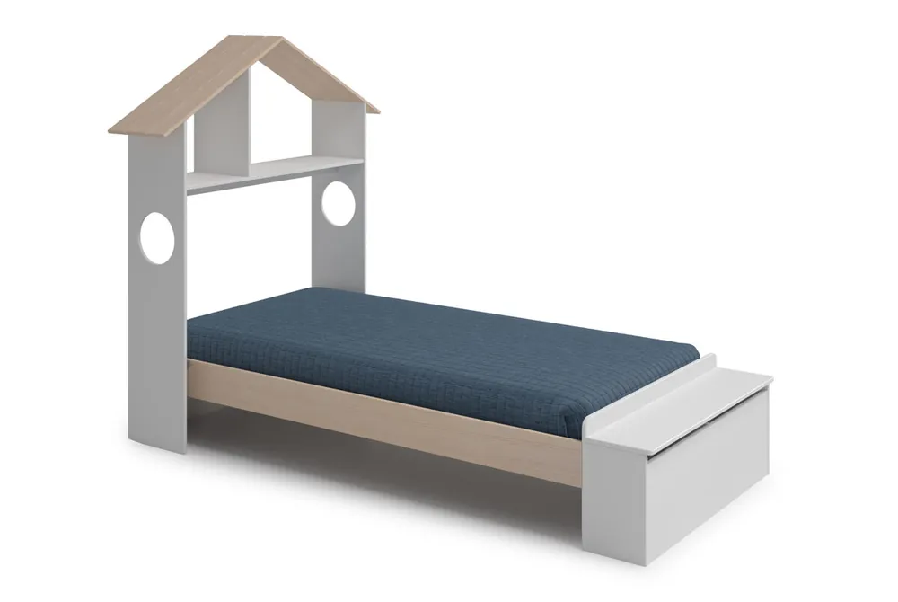 Cama 90cm ANAITA blanco y madera natural - Descanso