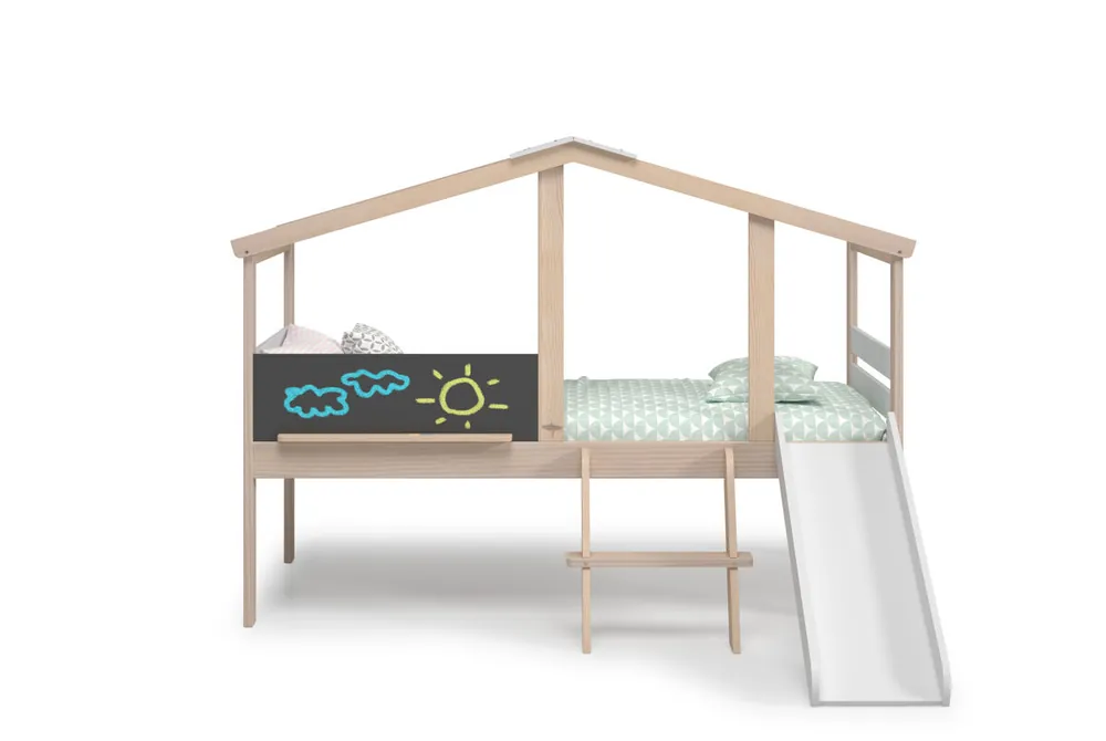 Cama 90cm LAURA con tobogán madera natural y blanco - Descanso
