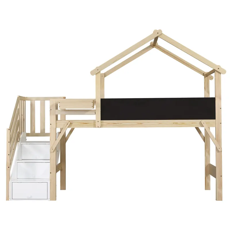 Cama alta cabaña infantil,cama individual de madera de pino 90x200cm con pizarra,escalera con almacenaje y protección contra caídas,blanco+natural - Descanso