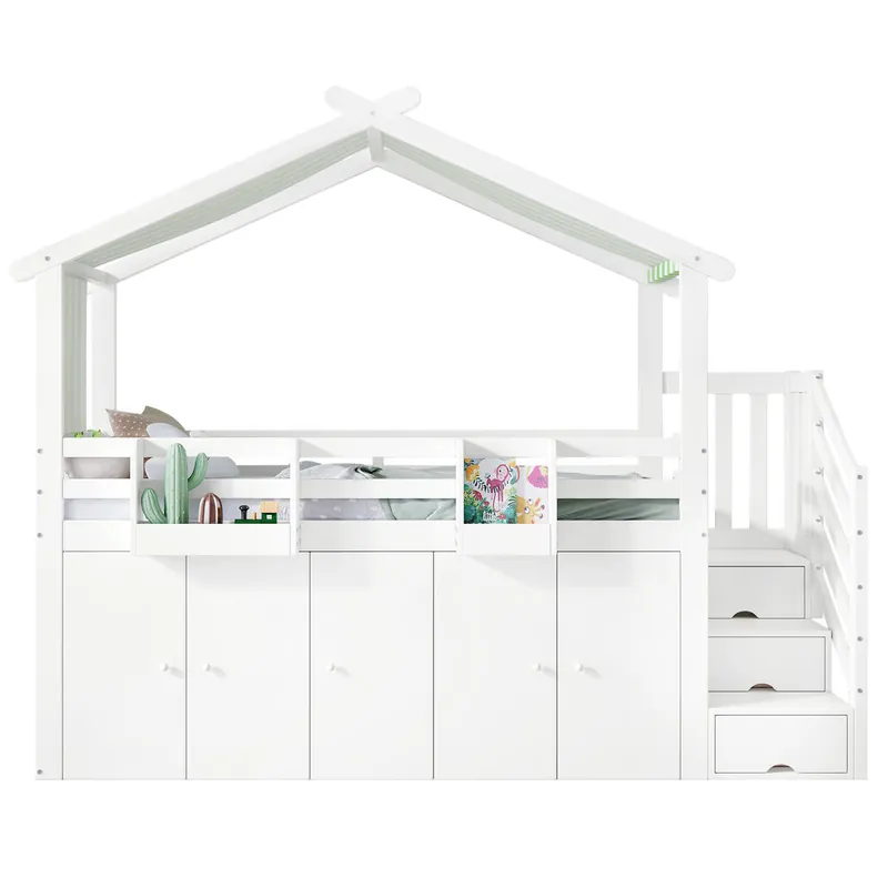 Cama alta cabaña infantil,cama individual de madera de pino y mdf 90x200cm con armario,escalera con almacenaje y protección contra caídas,blanco+verde - Descanso