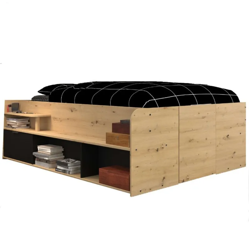 Cama alta con somier incluido y espacio de almacenamiento en color Roble y Negro 135/140x193/200 cm - Descanso