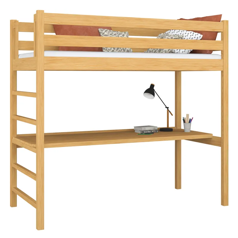 Cama alta de madera con escritorio N01 pino natural - Descanso