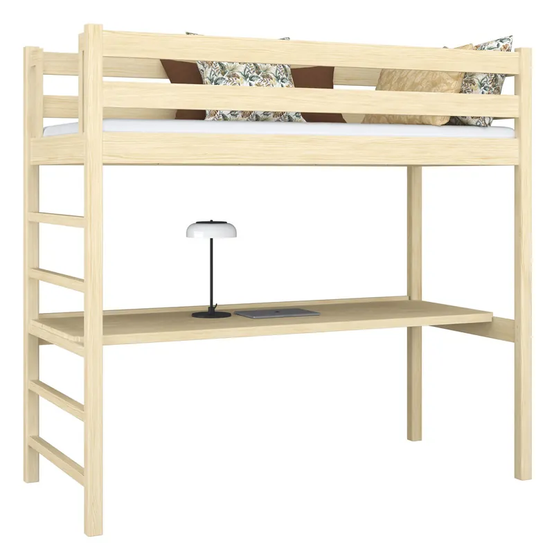 Cama alta de madera con escritorio N01 pino incoloro - Descanso