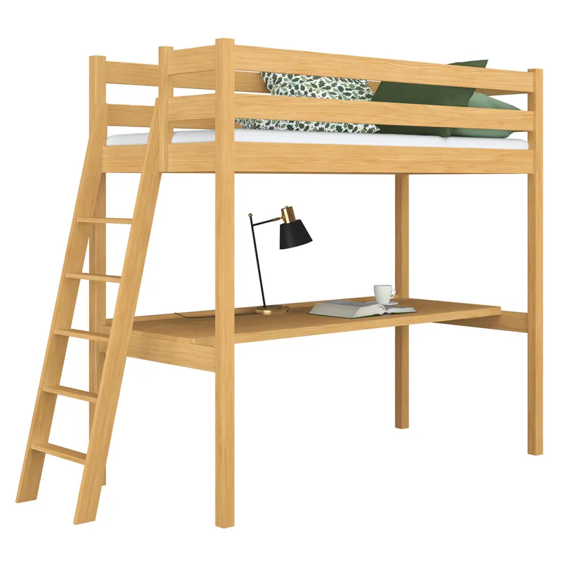 Cama alta de madera con escritorio N02 pino natural - Descanso