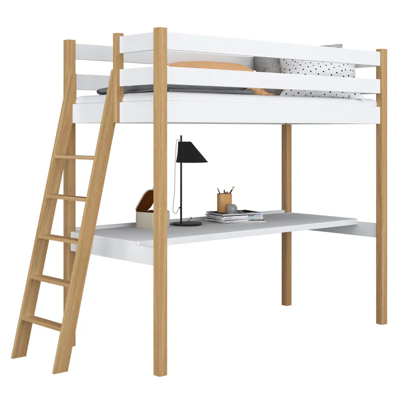Cama alta de madera con escritorio N02 blanco / roble - Bebé