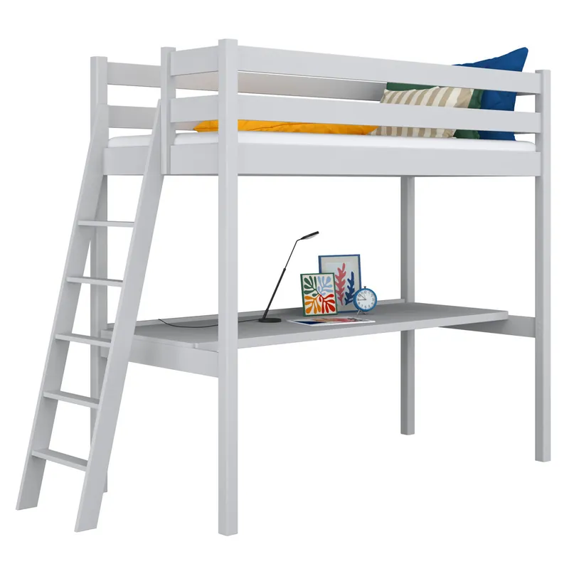Cama alta de madera con escritorio N02 gris - Descanso