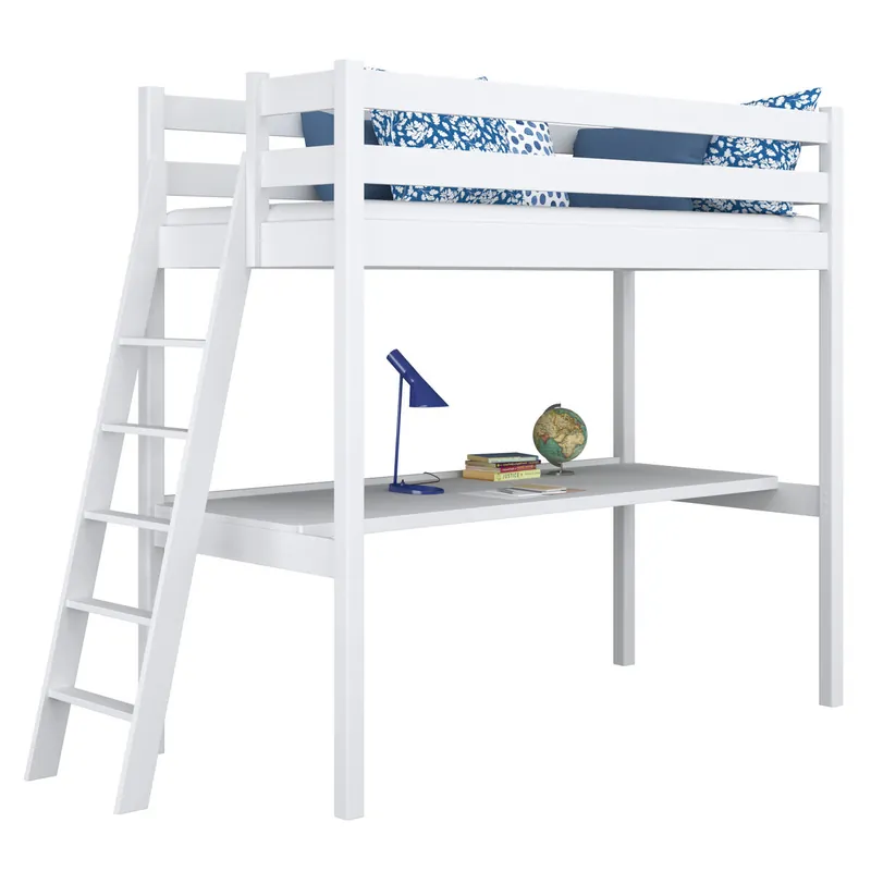 Cama alta de madera con escritorio N02 blanco - Descanso