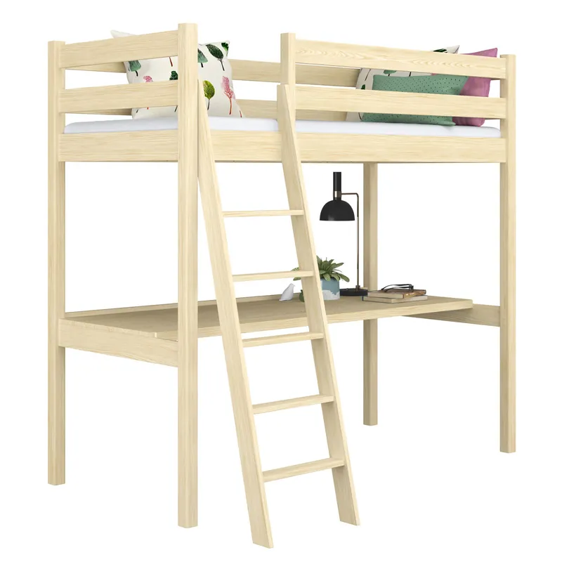 Cama alta de madera con escritorio N03 pino incoloro - Descanso
