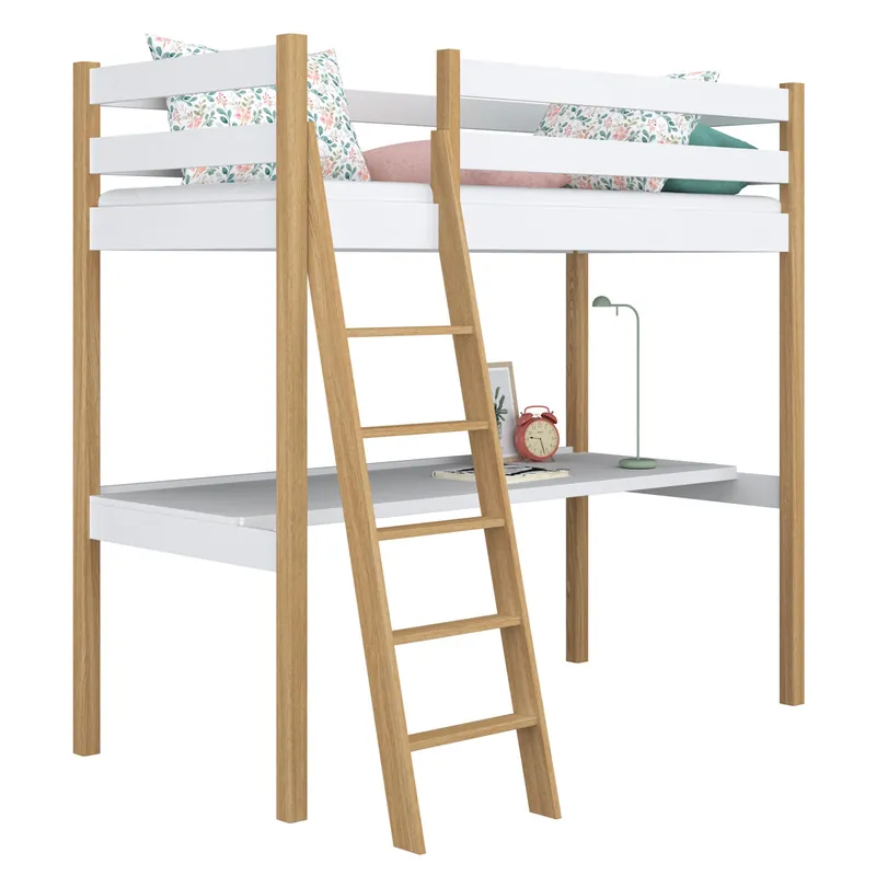 Cama alta de madera con escritorio N03 blanco / roble - Descanso