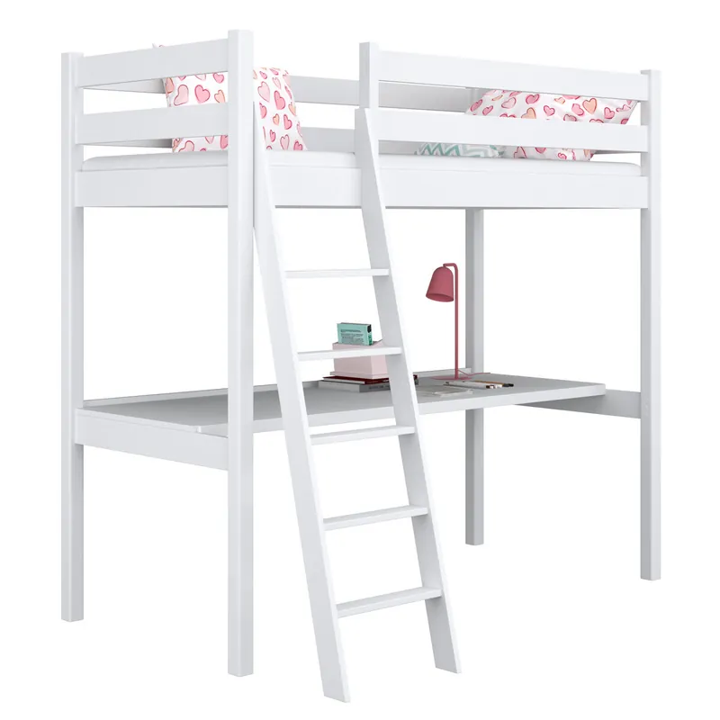 Cama alta de madera con escritorio N03 blanco - Descanso