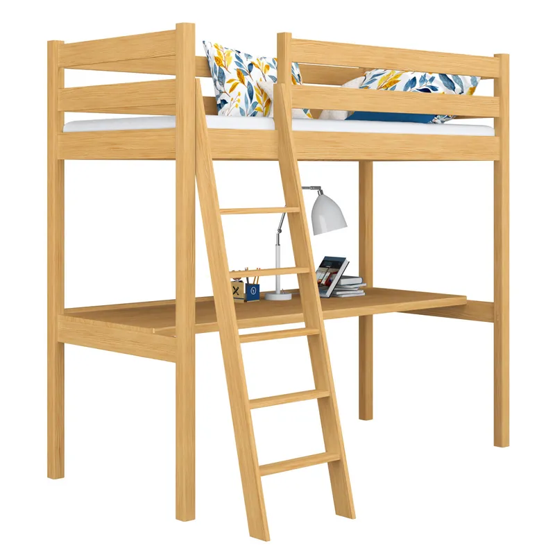 Cama alta de madera con escritorio N03 pino natural - Bebé