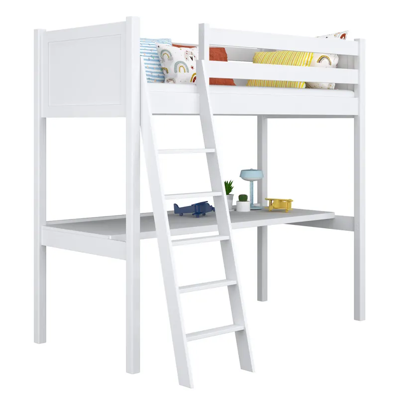 Cama alta de madera con escritorio N04 blanco - Descanso