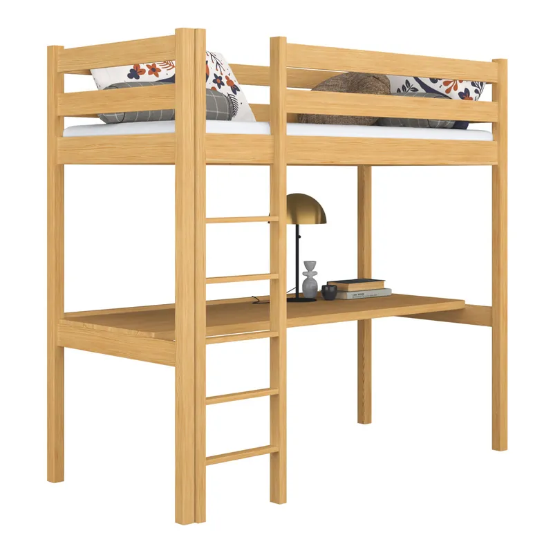 Cama alta de madera con escritorio N05 pino natural - Bebé