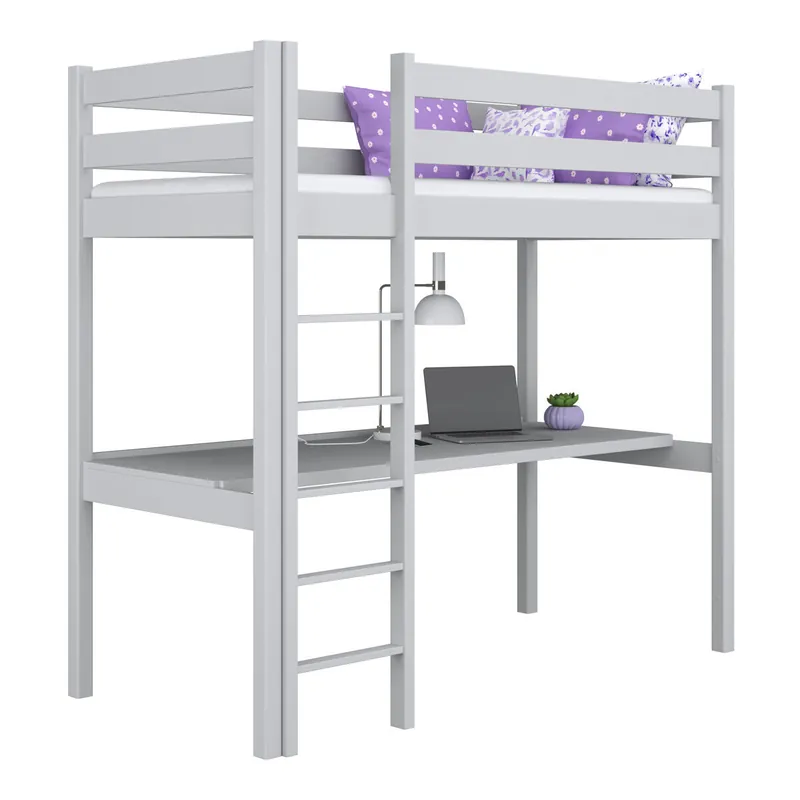 Cama alta de madera con escritorio N05 gris - Descanso