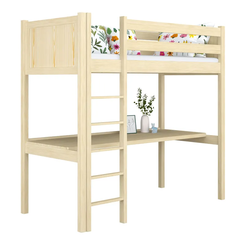 Cama alta de madera con escritorio N06 pino incoloro - Descanso