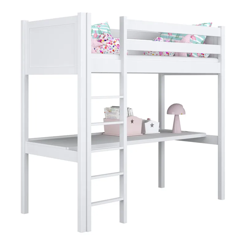 Cama alta de madera con escritorio N06 blanco - Descanso