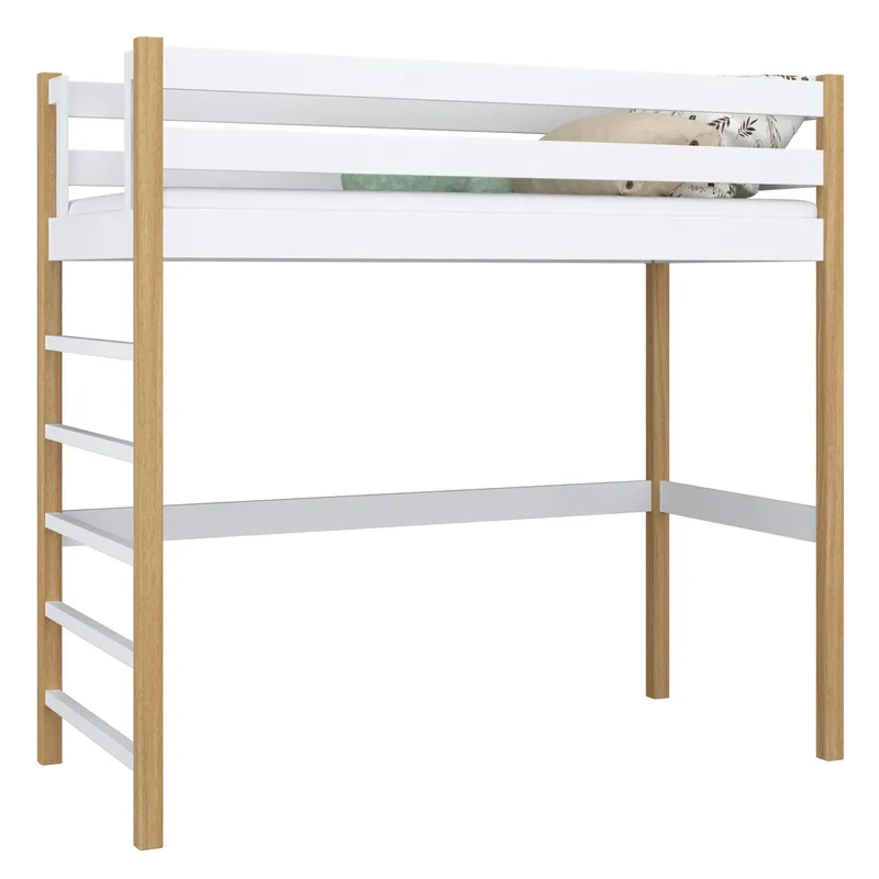 Cama alta de madera N01 blanco / roble - Descanso
