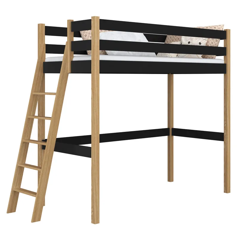 Cama alta de madera N02 negro / roble - Descanso