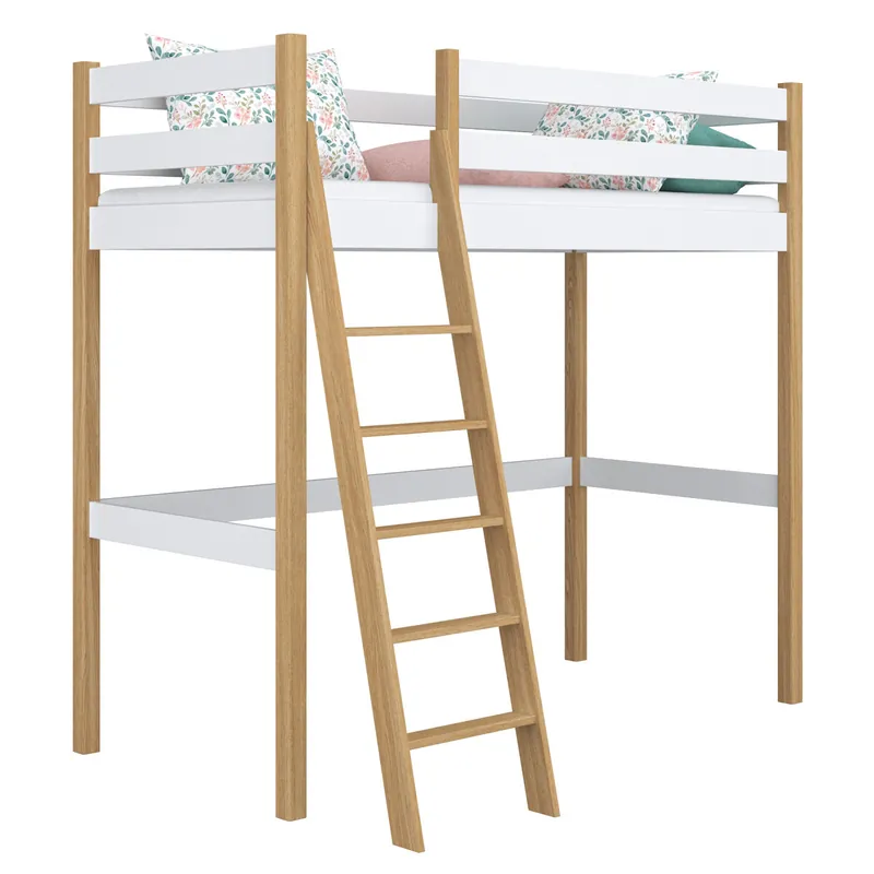 Cama alta de madera N03 blanco / roble - Descanso