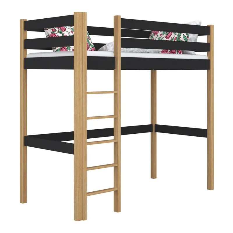Cama alta de madera N05 negro / roble - Descanso