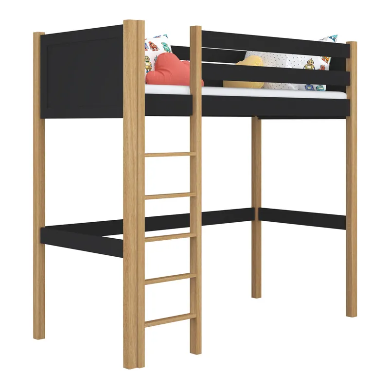 Cama alta de madera N06 negro / roble - Descanso