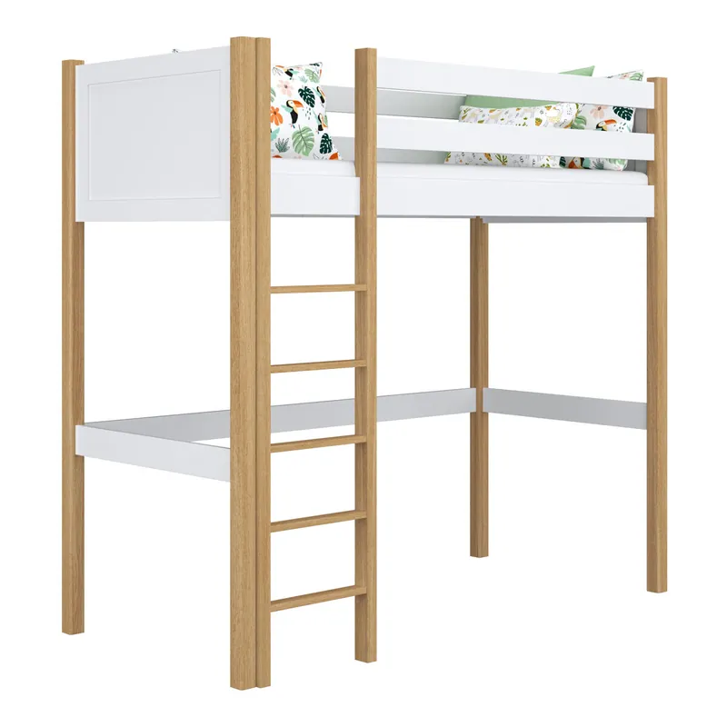 Cama alta de madera N06 blanco / roble - Descanso