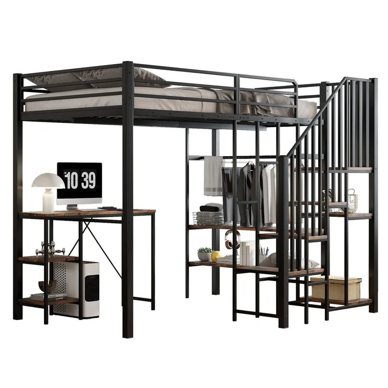 Cama infantil,cama alta de metal y mdf 120x200cm,negro+natural - Descanso