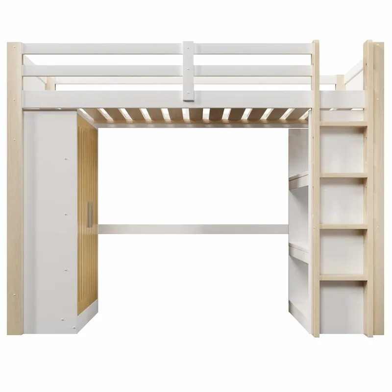 Cama alta 90x200 cm - con luces LED, armario y estantería, sin colchón - blanco y natural