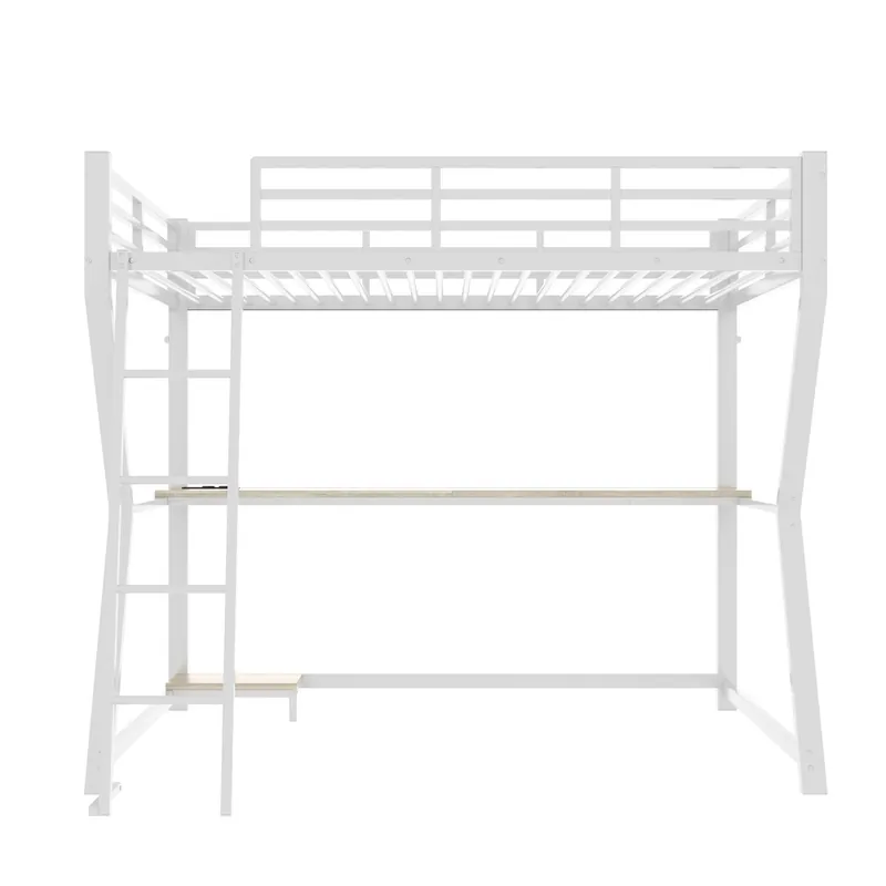 Cama alta 90x200cm - Con LED, escritorio, toma USB, estante para consola, escalera, sin colchón - Blanco