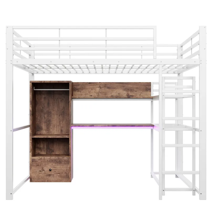 Cama alta 140x200cm - Cama metálica con LED, escritorio, 1 cajón, estanterías, barandilla, escalera, sin colchón - Blanco