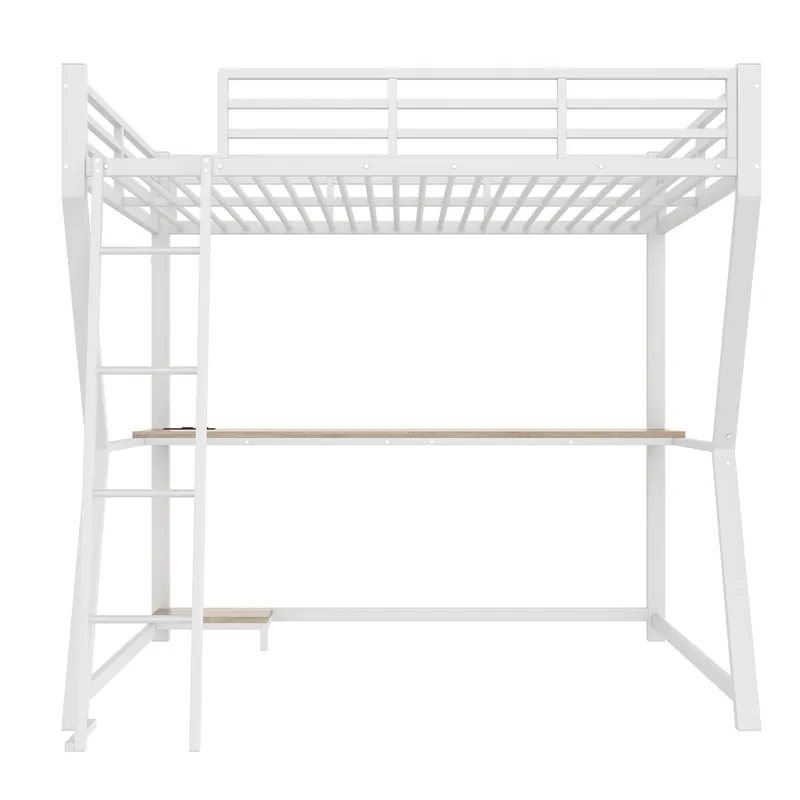 Cama alta 140x200 cm - luces LED, soporte para consola, escritorio, enchufe y USB, barandilla, escalera, sin colchón - blanco