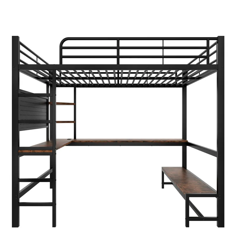 Cama alta 140x200 cm - Estructura metálica, escritorio, barandilla, escalera, varias estanterías, toma USB + Type-C, tira LED, panel perforado - Negro