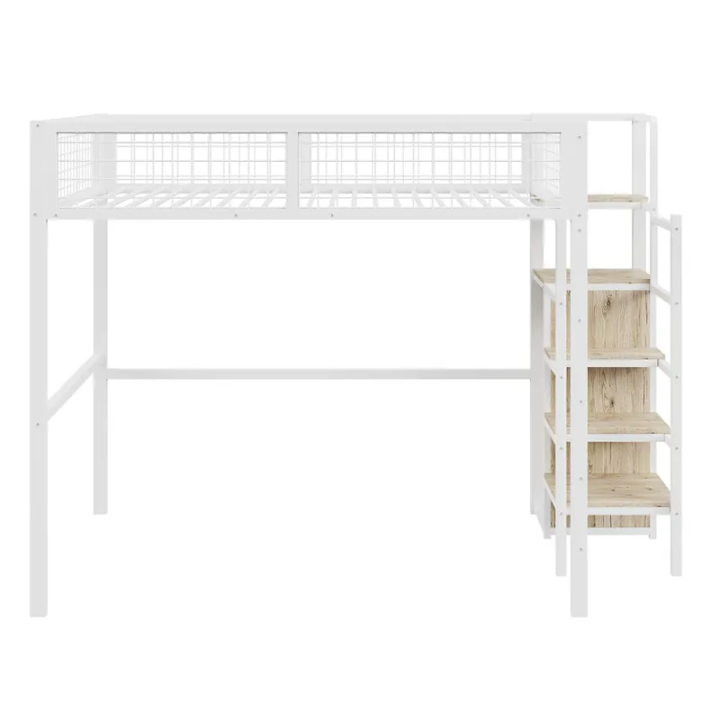 Cama alta 140*200 - con escalera, cama infantil con estructura metálica y estante de almacenamiento - Blanco