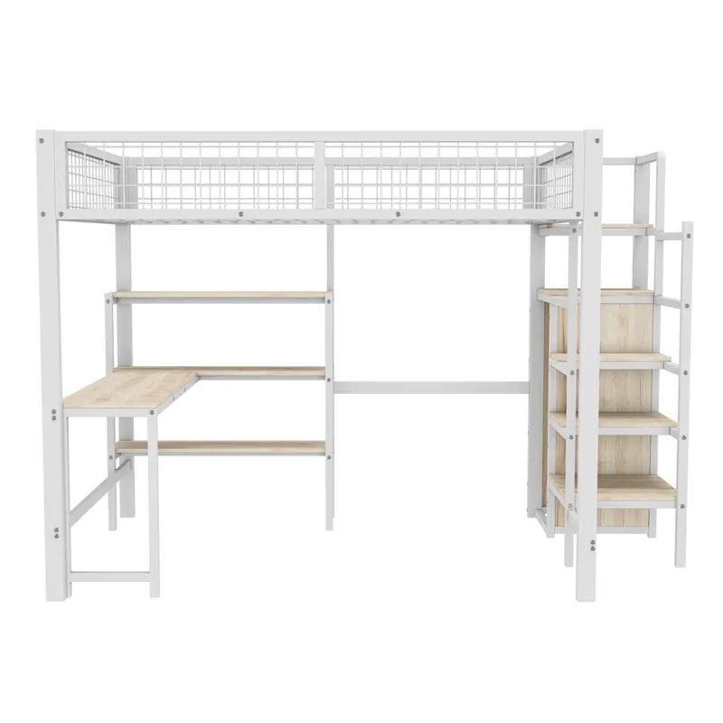 Cama alta 140x200 cm - estructura de hierro - con escritorio y estantes - Blanco
