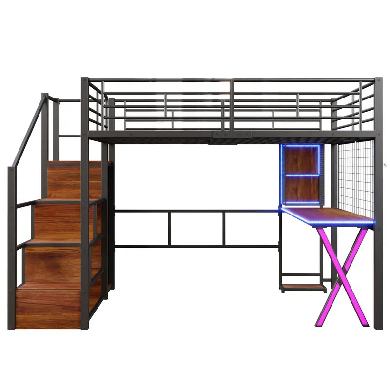 Cama alta 140x200 cm - Con LED, escalera de almacenamiento, escritorio, armario, estantes - Blanco