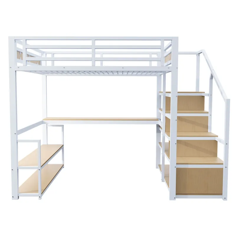 Cama alta 140x200 cm - Cama metálica con escalera de almacenamiento, estantes y mesa, diseño de valla de seguridad con listones de metal, estructura de hierro para soporte estable - Blanco