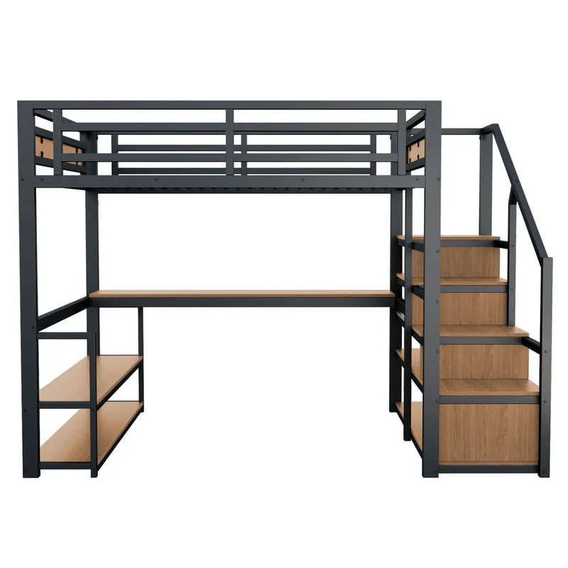 Cama alta 140x200 cm - Cama metálica con escalera de almacenamiento, estantes y mesa, diseño de valla de seguridad con listones de metal, estructura de hierro para soporte estable - Blanco