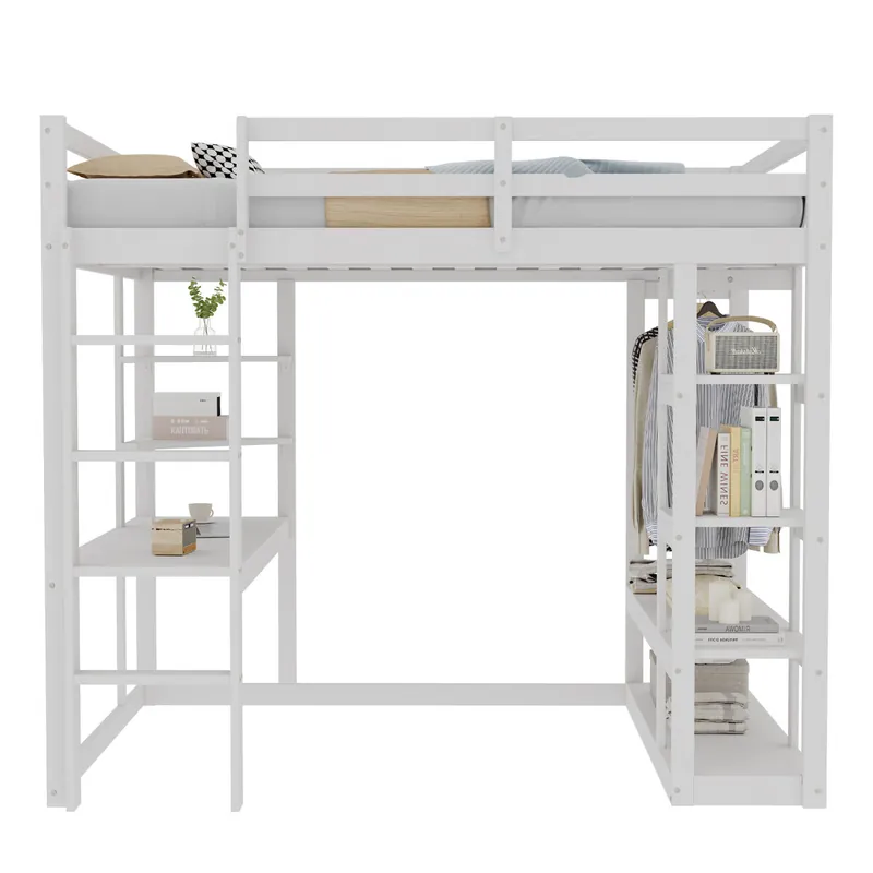 Cama alta con escalera 140*200 cm - Con mesa y estantes, con colgadores simples y almacenamiento en laminado - Blanca