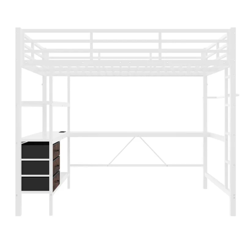 Cama alta 140*200cm - Con luces LED, escritorio, toma de corriente + USB, 3 cajones, estantes, barandilla, escalera - Blanco