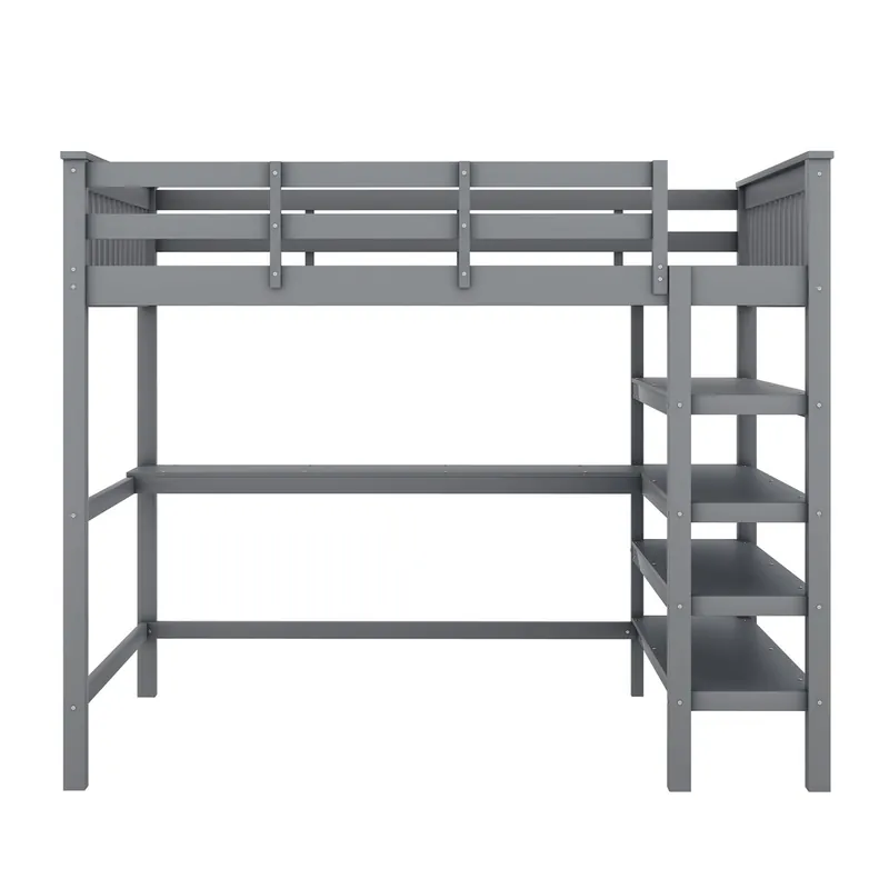 Cama alta 140x200 - Cama infantil con estantes y escritorio debajo - Gris