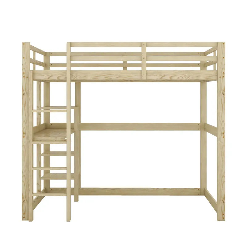 Cama alta infantil 140x200 cm - estructura de pino con almacenamiento, 4 estantes y escritorio - blanco