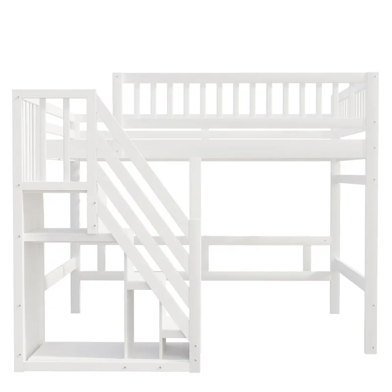 Cama alta de madera maciza 140x200 - con escalera, armario de almacenamiento y barandilla alta, cama para niños y jóvenes - blanco