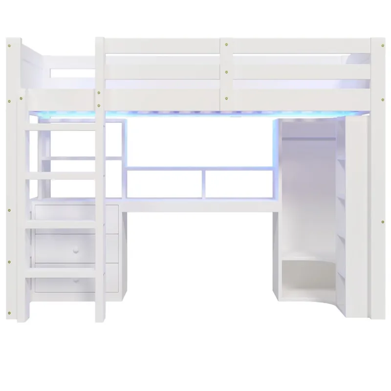 Cama alta 90x200 cm - Con LED, armario, escritorio, cajones, compartimentos - Blanco