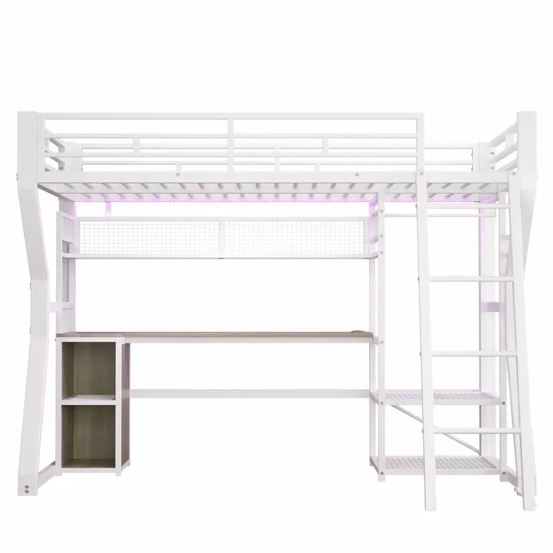 Cama alta 90x200 cm - estructura de hierro con tira de luz LED, enchufe integrado, zona de colgar ropa, escritorio, estantes y espacio de almacenamiento, espacio abierto inferior - blanco